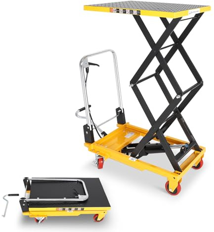 KAFLLA Double Scissor Hydraulic Lift Table Cart with Foldable Handle, 330 lbs Capacity, 11–50 Lifting Range Manual Hydraulic Lift Cart with Anti-Slip Platform & 4 Wheels for Material Handling