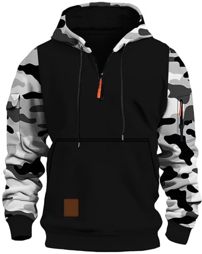 MEDUOLA Sudadera Hombre 1/4 Cremallera Camuflaje Manga Larga Combinación Colores Múltiples Bolsillos Grueso y Cálido Ropa de Calle