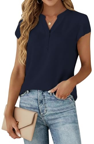 Cuptacc Blouse Femme Manche Courte Chiffon Tee Shirt Femme Col V Mode Basique Chemisier T Shirt Bleu Marine, XXL 50-54