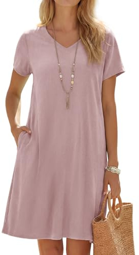 Enmain Vestido Lino Verano Mujer Manga Corta Cuello V Vestidos Mujer Casual Midi Playa con Bolsillos hasta la Rodilla sin Accesorios