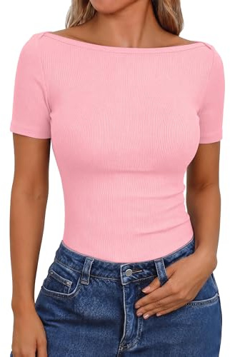 Aottori Camiseta Verano Mujer Acanalada Manga Corta Básica Camiseta Cuello Barco Ajustada Estirada Capa Base Ligera Sólida Top Tunica Casual Rosa M