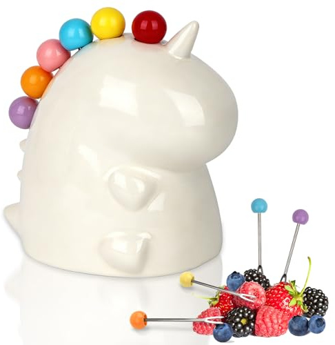 Artlyfe 6 forchette da frutta in acciaio inox con 1 forchetta in ceramica a forma di dinosauro, forchette da frutta riutilizzabili per bambini, stuzzicadenti per frutta, torte, insalata, feste