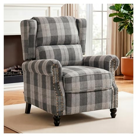 Warmiehomy Grey Plaid Wingback Push Back Recliner Chair with Rivet Detailing, Padded Recliner Armchair for Living Room/Bedroom/Home Office, Comfortable Lounge Chair with Footrest, Sturdy Wood Frame