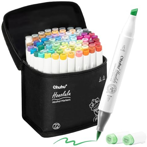 Ohuhu Alkohol Marker mit Pinselspitze: 72 Farben Doppelspitziges Künstlermarker-Set für Erwachsene zum Illustrieren und Kolorieren - Honolulu – Pinsel & Breitspitze – Nachfüllbar