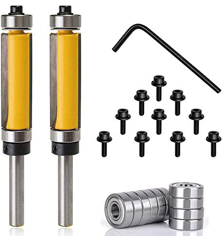 Mesee 2Pcs Top and Bottom Bearing Flush Trim Pattern Router Bit Set, 1/4'' Shank Template Trimming Bits Woodworking Milling Cutter Tool with 10Pcs Top Mounted Replacement Bearings