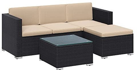 SONGMICS Gartenmöbel-Set, Balkonmöbel aus PE-Polyrattan, Terrassenmöbel, Ecksofa, Outdoor, handgeflochtenes Rattan, Lounge-Set, mit Kissen und Glastisch, schwarz-Taupe GGF005B03