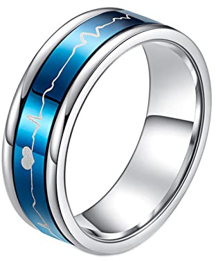 Mesnt Bague Anti Stress, Anneau de Bandes de Soulagement du Stress Anti-Anxiété Heart ECG Bleu Taille 61.5