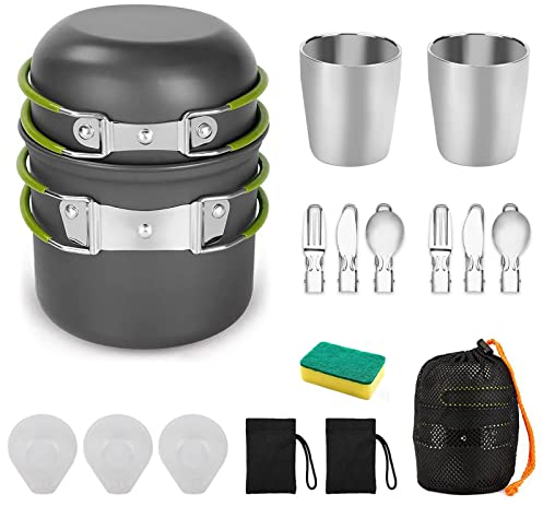 Qupzze Camping Cookware Mess Kit, Cooking Gear for Outdoor, Cooking Equipment with Aluminum Pot and Pan Set, Stainless Steel Cup, Foldable Camping Pots for Hiking, Picnic, Campfire
