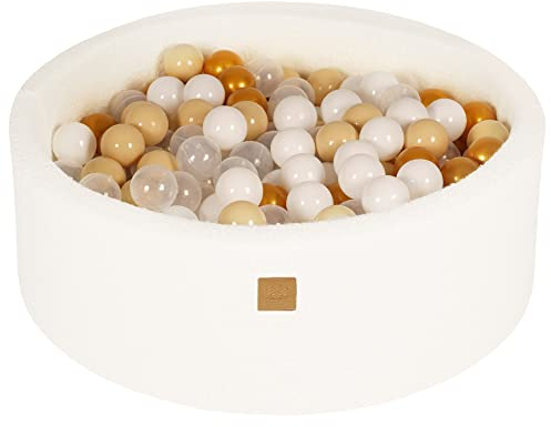MEOWBABY Soft Foam Rundes 90 x 30 cm Bällebad mit 200 Stück Bällen für Babys & Kleinkinder - Baby-Laufstall Essentials, Schaumstoff Bällebäder für Kinder,Bälle, Boucle,Weiß:Gold/Beige/Weiß/Transparent