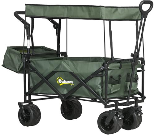 Outsunny 120L Festival Trolley on Wheels, Folding Camping Trolley Cart with Removable Canopy, All-Terrain Wheels, Adjustable Handle, Push or Pull for Garden Beach Fishing Shopping, Green
