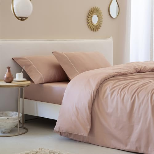COTTON ARTean Funda nórdica Cama 90 Satén Algodon Egipcio 300 Hilos LEUNA Nude, Funda edredón 150x220 + 1 Funda Almohada + bajera ajustable