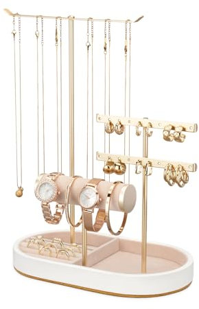 ChuStory Schmuckständer Organizer mit Samt-Armbandhalter, Schmuckhalter für Frauen, Weiß Halsketten Organizer