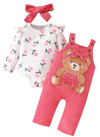 UUAISSO Baby flicka kläder blommiga toppar body björn hängselbyxor justerbara overaller outfitset
