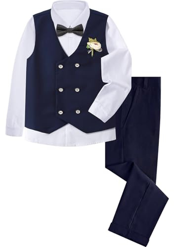 mintgreen Boys Suits, Kids Wedding Outfit Gentleman Waistcoat Long Sleeves Clothes Set, Navy Blue, 13-14 Years, 170