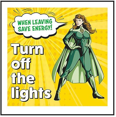 Cartello di sicurezza con scritta V Safety When Leaving Save Energy! Turn Off The Lights Superwoman, 100 x 100 mm, 3 mm, in alluminio spazzolato composito