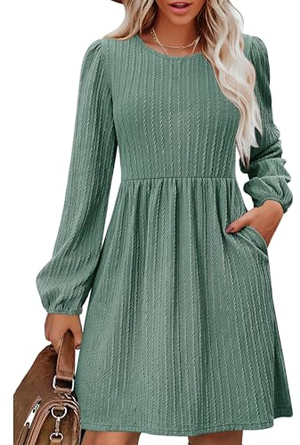 Zeagoo Robe pour femme à manches longues - Robe d'automne élégante - Ligne A - Robe d'hiver - Col rond - Robe en tricot ample - Longueur genou - Robe tunique avec poches, vert menthe, S