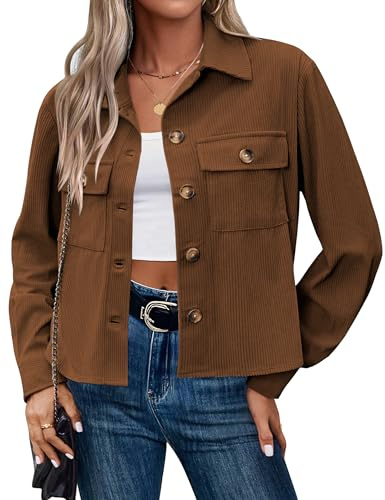 HOTOUCH Women's Jackets Corduroy Button Down Jacket Casual Lightweight Short Jackets Summer Long Sleeve Cropped jacket with Pockets Brown Size 16
