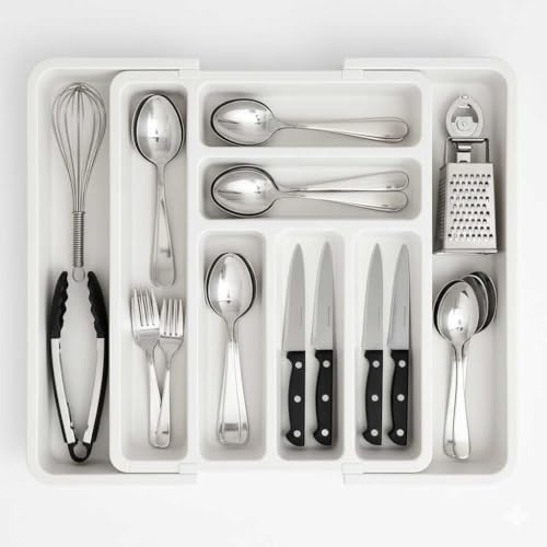 edihome, Organizador Cubiertos, Cubertero para Cajon, Bandeja de Cuberteria Extensible, con 6 a 8 Compartimentos, BPA Free, Ajustable, Utensilios de Cocina (Blanco)