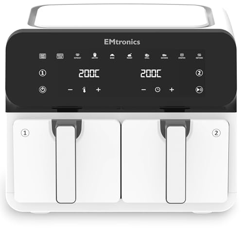 EMtronics 8L Dual Zone Air Fryer 2400W Family Size, 8 Preset Cooking Mode, Match Cook & Smart Finish Functions, 8 Litre - White