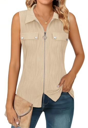 Flikity Vests for Women Summer Tops Ladies V Neck Sleeveless Tank Tops Business Casual Blouses Collared Shirts with Zipper