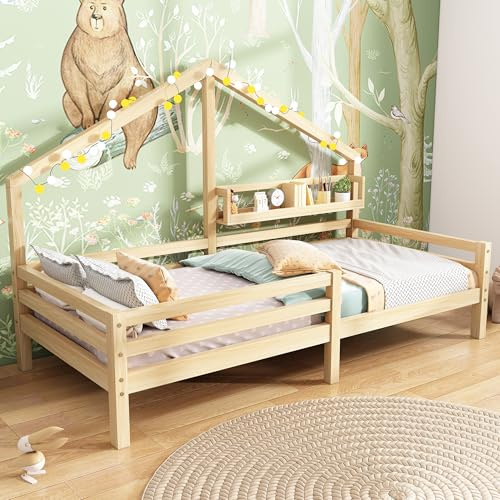 Casitsäng 90 x 200 cm natur med bokförvaring som en robust sovrumsmöbler med sängbotten i trästruktur och sängbotten för gästrummet komplett