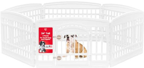 IRIS USA Dog Playpen with Door, 24” 6 Panel Pet Exercise Pen – Indoor Outdoor Puppy Play Pen, Portable Plastic Pet Fence for Small Medium Dogs, Foldable 61” x 61” x 24”, White