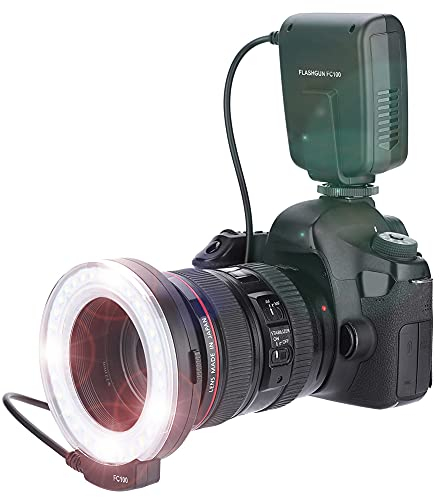 Topiky FC-100 Portátil LED Macro Anillo Flash 5500K Ajuste Brillo Juego de luz de llenado para cámara de Video Speedlite con 8 adaptadores Anillo y Controlador para cámara Canon/Nikon