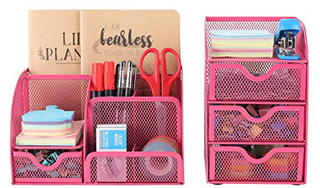 EasyPAG, Schreibtisch-Organizer aus Metallnetz, 2-teiliges Set – vielseitiger Stifthalter und 3 Ebenen, kleine Schublade, Bürobedarf, Aufbewahrungsbehälter rose