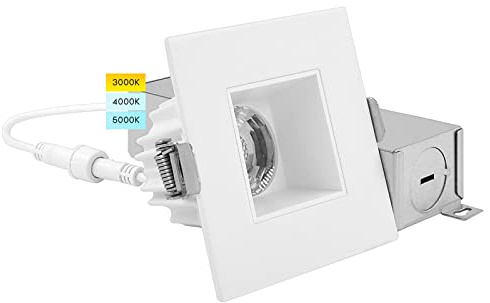 LUXRITE 2 Inch Square LED Recessed Lighting with Junction Box, 3CCT Selectable 3000K/4000K/5000K, CRI 90, Dimmable Canless LED Downlight Kit, 8W, 600 Lumens, IC Rated, Damp Rated, ETL Listed