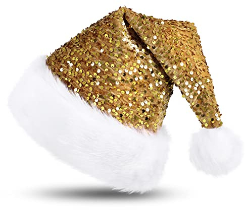 KONVINIT Gorro de Navidad Con Lentejuelas - Cálido y Brillante Para Adultos - Sombrero de Santa Claus Dorado