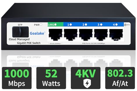 Goalake Switch Poe a 4 Porte, Switch Ethernet Gestito Tramite Cloud, Switch PoE+ a 4 Porte da 52W, 802.3af/at, APP Easy Smart Managed, Rilevamento Cloud, Vlan, Riavvio Cloud, Cloud Ultra-remoto 250m