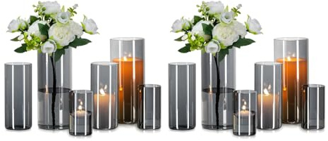Glasseam Cylindervas i glas Grå: 12 st Moderna Blomvaser För Vardagsrum Matbord Central - Dekorativ Orkanljushållare Pampas Gräs Tulpanvas För Blommor (10/15/20 cm)