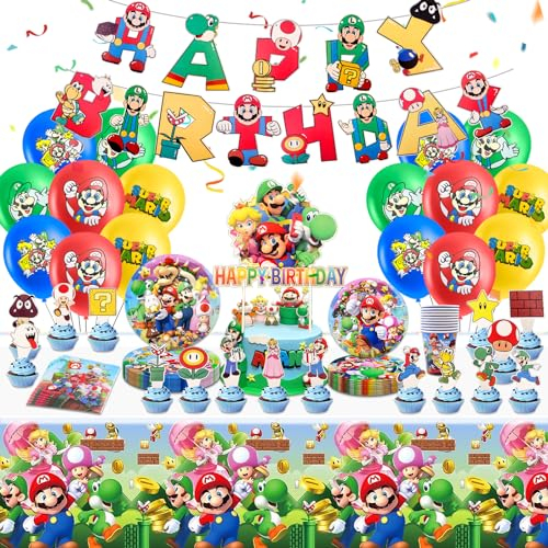 Vajilla para fiestas de cumpleaños, kit de 85 piezas, decoración de vajillas de cumpleaños, incluye platos de papel, pancartas, servilletas, vasos de papel, manteles, globos, toppers