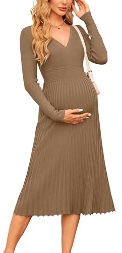 OUGES Dam 2024 höst graviditetströja klänning v-hals långärmad hög midja veckad midi-klänning baby shower klänning, Camel, XXL