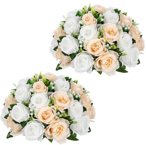 Oairse 2 Pcs Artificial Flower Ball with 30 Heads Silk Roses Flowers 30cm Champagne Fake Flower Ball Arrangement with Base Flowers Bouquets for Centrepieces for Wedding Party Valentine Decor