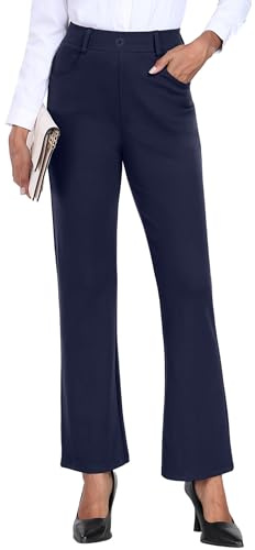 GRECERELLE Pantalon de costume en tissu - Pantalon d'affaires décontracté élégant pour femme - Taille élastique avec poches et boutons, bleu marine, M