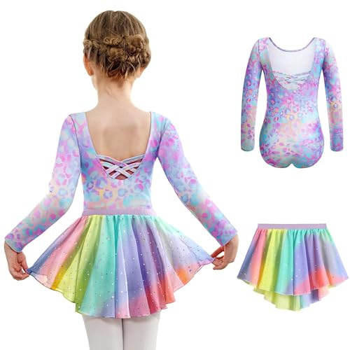 Arshiner Ropa de Ballet para niñas Vestido de Ballet de Dos Piezas Vestido de Ballet de Manga Larga sin Espalda Vestido de Baile de Leotardo Leotardo Ropa de balette Colorido 150 7-8 años