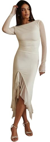 AOWVUTS Robe Longue Femme Moulante à Manches Longues Robe Sexy Ruffle Robe Hauteur Fendue Bodycon Elégant Robe Chic Long Skims Dress De Soirée Cocktail Party Night Out Automne