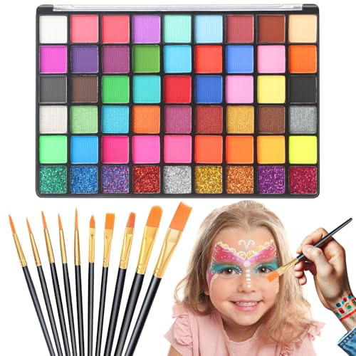 Pintacaras Infantil, 54 Colores Pintura Cara Niños, Pintura Facial con 10 Pinceles,seguro y no tóxico, lavable para niños y adultos, Halloween, fiesta de Navidad