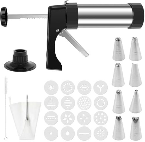 VAVPUP Gebäckpresse für Spritzgebäck,Edelstahl Spritzgebäck Maschine mit 16 Schablonen,8 Tüllen und Reinigungsbürste,Multifunktionale Gadgets zum Keksbacken für Churros,Keksen,Kuchen,Desserts