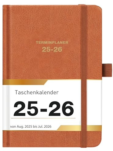 Taschenkalender 2025-2026 - Kalender 2025-2026 A6, Terminplaner 2025-2026 A6 von August 2025 bis September 2026, Wochenplaner mit Hardcover, 2 Lesezeichen, Stiftschlaufe, 15.5 x 10.5 cm - Braun