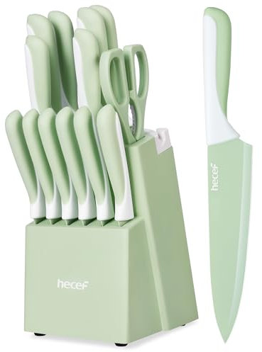 hecef Set de 14 Couteaux de Cuisine avec Bloc Aiguiseur, Revêtement Antiadhésif – Compatibles Lave-vaisselle, Manches Ergonomiques, Gain de Place, Idéal pour Cadeau ou Cuisine Moderne (Vert)