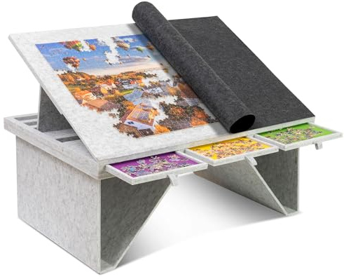 Becko US Mesa de rompecabezas de 1500 piezas con 4 cajones y cubierta, tablero de rompecabezas inclinable con patas plegables y 3 ángulos de inclinación, mesas ligeras y portátiles para adultos, para