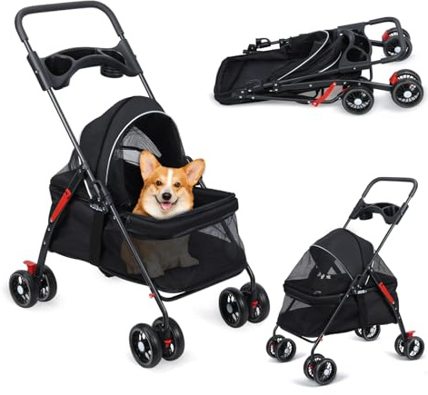 Smbcgdm 4 Wheels Pet Stroller for Medium Small Dog up to 50lbs, Dog Cat Stroller, Outdoor Travel Pet Folding Strollers, Cat Cage Strollers with Cup Holder, Breathable and Visible Mesh 1 Set