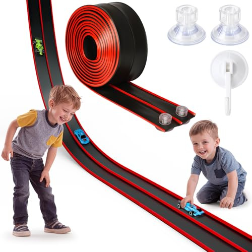 Hot Bee Piste de Voiture Flexible Rouge & Noir 4,5 m pour Enfants, Circuit de Course en Silicone avec Ventouses, Rampe à Construire pour Jeu Intérieur Extérieur, Cadeau 3 4 5 6 7 8 Ans
