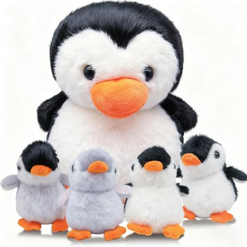 MQIAN 5 Stück Pinguin Kuscheltier, Mama Pinguin Stofftier mit Baby Kuscheltier, Pinguin Plüschtier, Pinguin Geschenk für Kinder Jungen Mädchen