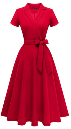 Meetjen Abito da cocktail vintage da donna, per matrimoni, ospiti, formale, a maniche corte, vestibilità e svasatura, Rosso, M