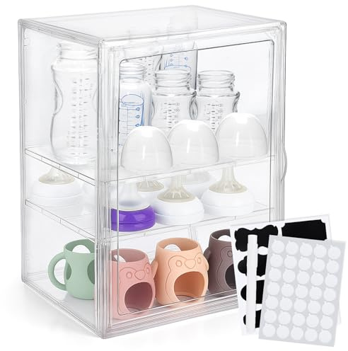 BUSOHA Baby Bottle Organizer – 3-Tier Space-Saving Stackable Drawer for Countertop Bottle Drying and Pump Parts Holder for Newborn Supplies with 8 PCS Chalkboard Labels 2 Removable Dividers
