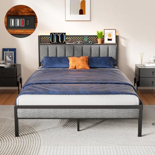 KUTAS Bed Frame, 135x190 cm, with LED Lights and Charging Station, Metal Bed Frame with Soft and Storage Headboard, 14 Metal Slats, No Box Spring Required, Under-Bed Storage Space, Gray