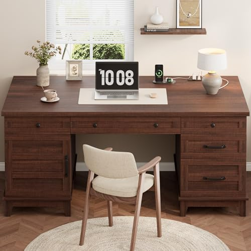 IDEALHOUSE Extra-Large Double Workstation Desk, Spacious Home Office Desk with Adjustable Storage Cabinets, Full-Extension File Drawers & Built-in Charging Station for Shared Work/Study, Brown
